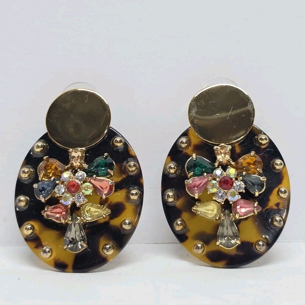 J Crew Multicolor Rhinestone Tortoise Shell Gold Tone Stud Earrings Boho Chic